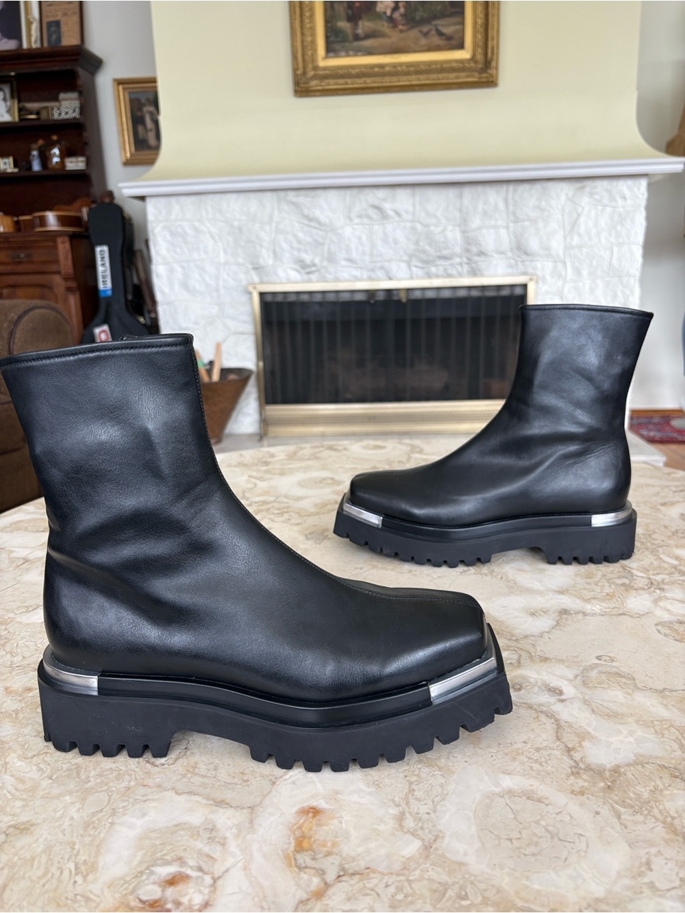 B2 “Devout” Black Leather Combat Boot Square Toe Silver Metal Tip Platform Boots - Picture 6 of 14